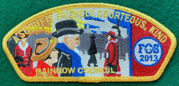 Rainbow Council 2013 Friends of Scouting (FOS) Commerative CSP SA-47. 'A Scout is Friendly, Courteous, Kind' Text Embroidered Detailing. Gold Mylar Border. Mint Condition.