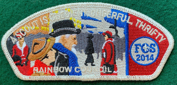 Rainbow Council 2014 Friends of Scouting (FOS) Commerative CSP SA-48. 'A Scout is Obedient, Cheerful, Thrifty' Text Embroidered Detailing. Silver Mylar Border. Mint Condition.