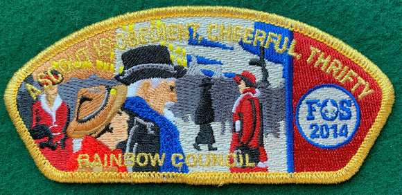 Rainbow Council 2014 Friends of Scouting (FOS) Commerative CSP SA-49. 'A Scout is Obedient, Cheerful, Thrifty' Text Embroidered Detailing. Gold Mylar Border. Mint Condition.