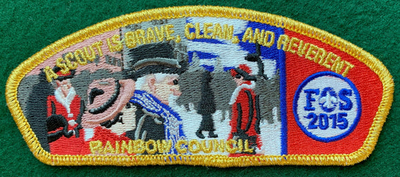 Rainbow Council 2015 Friends of Scouting (FOS) Commerative CSP SA-52. 'A Scout is Brave, Clean, and Reverant' Text Embroidered Detailing. Gold Mylar Border. Mint Condition.