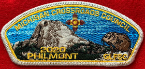 Great Lakes Council "Michigan Crossroads Council" 2020 Philmont Trek Commerative CSP SA-Q12. Gopher(?) and Mountain Embroidered Details. Silver Mylar Border. Mint Condition.