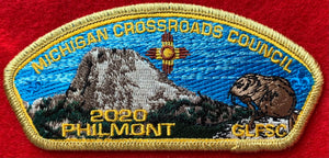 Great Lakes Council "Michigan Crossroads Council" 2020 Philmont Trek Commerative CSP SA-Q13. Gopher(?) and Mountain Embroidered Details. Gold Mylar Border. Mint Condition.