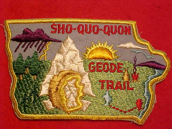 SHO-QUO-QUON GEODE TRAIL PATCH, IOWA STATE SHAPE, YELLOW BORDER AND DETAILS