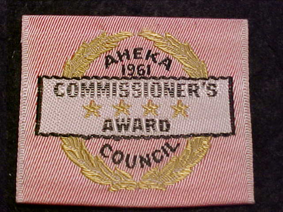 AHEKA COUNCIL PATCH, 1961, COMMISSIONER'S AWARD, WOVEN