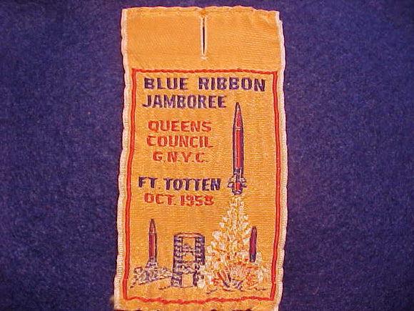1958 PATCH, QUEENS COUNCIL G.N.Y.C. PATCH, BLUE RIBBON JAMBOREE, FT. TOTTEN, WOVEN, USED
