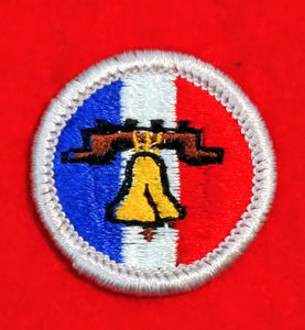 CITIZENSHIP IN THE NATION, BLUE/WHITE/RED, MERIT BADGE WITH PLASTIC BACK, SILVER BORDER, NO IMPRINTS/LOGOS IN PLASTIC