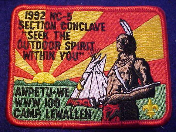 1992 NC5 SECTION CONCLAVE PATCH, CAMP LEWALLEN, LODGE 100 ANPETU-WE