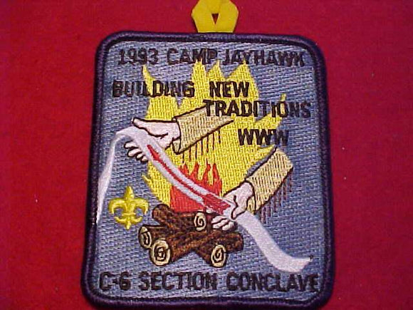 1993 C6 SECTION CONCLAVE PATCH, CAMP JAYHAWK, YELLOW/RED FLAMES, YELLOW BUTTON LOOP