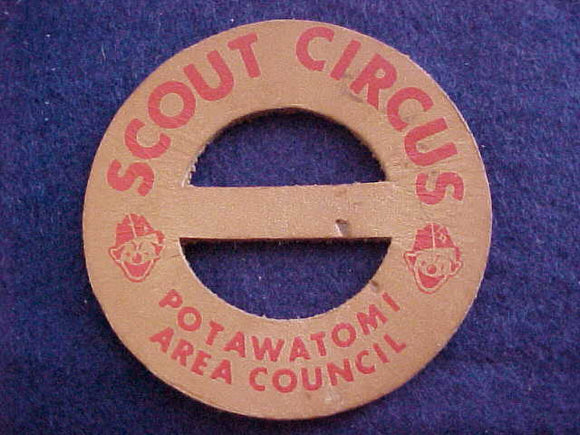 1950'S, POTAWATOMI AREA COUNCIL, SCOUT CIRCUS, LEATHER SLIDE, RED LETTERS