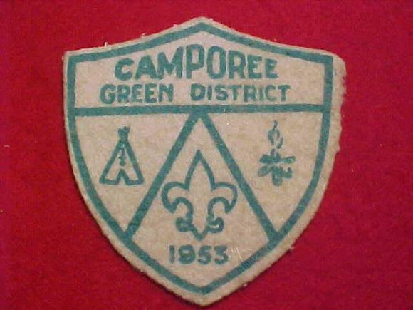 1953 PATCH, GREEN  DISTRICT CAMPOREE, FELT, USED