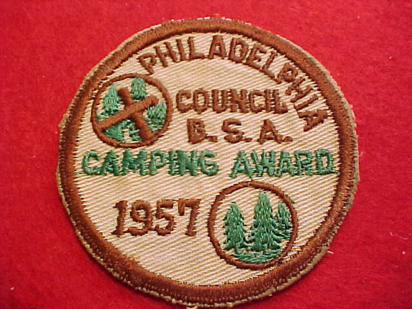 1957, PHILADELPHIA COUNCIL CAMPING AWARD, USED, NO BUTTON LOOP