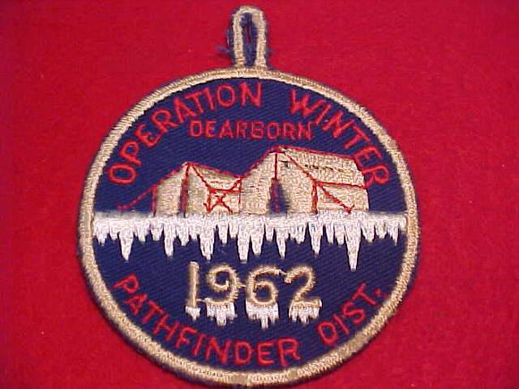 1962 PATCH, PATHFINDER DISTRICT, DEARBORN, OPERATION WINTER, RED OUTLINE ON TENTS