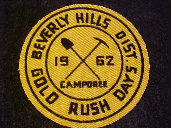 1962 PATCH, BEVERLY HILLS DISTRICT GOLD RUSH DAYS CAMPOREE, FLOCKED ON FABRIC