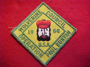 1968 PATCH, WOLVERINE COUNCIL, OPERATION PAUL BUNYAN, YELLOW TWILL, NO BUTTON LOOP