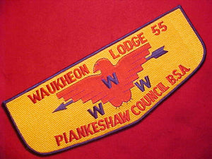 55 J4 WAUKHEON GIANT FLAP-SHAPE JACKET PATCH, PIANKESHAW COUNCIL, 10 X 4"