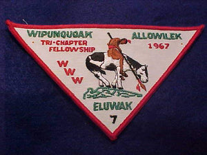 7 eP1967 TRI-CHAPTER FOLLOWSHIP JACKET PATCH, (OWASIPPE, WIPUNQUOAK, ALLOWILEK & ELUWAK CHAPTERS, 2 PIN HOLES