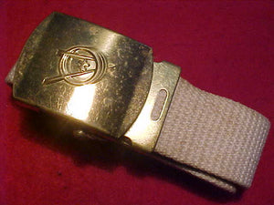 EXPLORER BELT & BUCKLE, BRASS BUCKLE W/ CIRCLE V DESIGN, WHITE WEB BELT, 1958-71,  USED