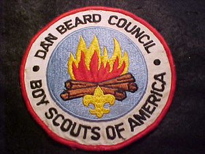 DAN BEARD COUNCIL JACKET PATCH, 6" ROUND, 1960'S, SWISS EMBROIDERED, USED