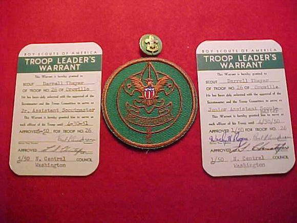JUNIOR ASSISTANT SCOUTMASTER SET, 1950, PATCH/PIN/TROOP LEADER'S WARRANT CARDS FROM NORTH CENTRAL WASHINGTON COUNCIL