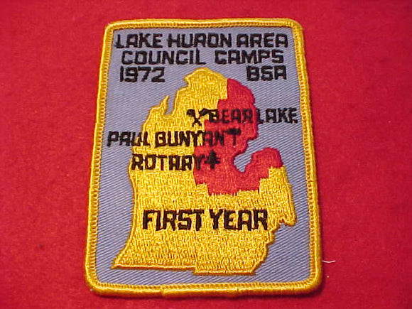 LAKE HURON AREA COUNCIL CAMPS PATCH, 1972, FIRST YEAR, BEAR LAKE/PAUL BUNYAN/ROTARY