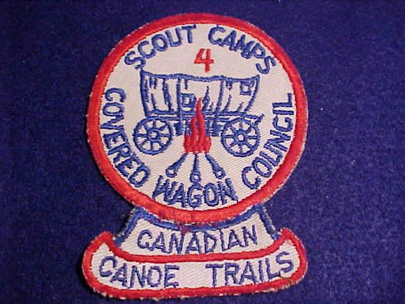 COVERED WAGON C. SCOUT CAMPS PATCH + CANADIAN CANOE TRAILS SEGMENT, 1950'S, SLIGHT USE