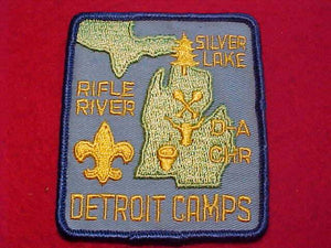 DETROIT CAMPS PATCH, D-BAR-A, CHARLES HOWELL RESV., RIFLE RIVER, SILVER LAKE, 1960'S, YELLOW LETTERS