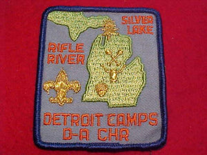 DETROIT CAMPS PATCH, D-BAR-A, CHARLES HOWELL RESV., RIFLE RIVER, SILVER LAKE, 1960'S, ORANGE LETTERS