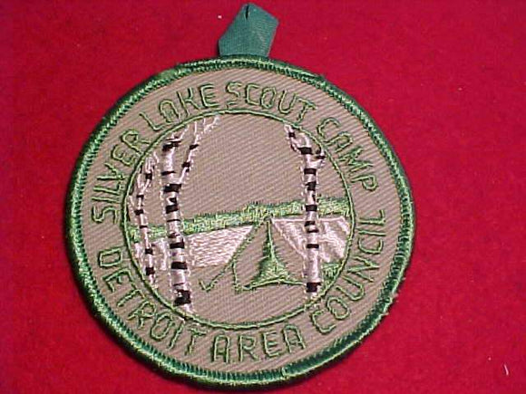 SILVER LAKE SCOUT CAMP PATCH, 1960'S, DETROIT AREA C., GREEN BDR., GRAY TWILL