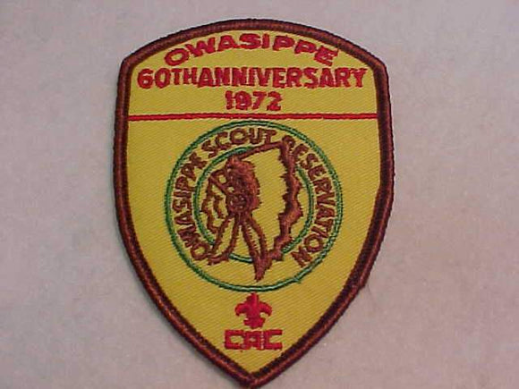 OWASIPPE SCOUT RESV. PATCH, CHICAGO AREA COUNCIL, 1972, 60TH ANNIV.