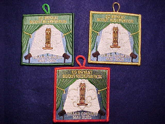 ED BRYANT SCOUT RESV. PATCH SET (3), GRAND OPENING MAY 2003, 3 DIFFERENT BORDER COLORS