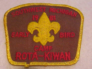 ROTA-KIWAN PATCH, 1981, EARLY BIRD, SOUTHWEST MICHIGAN C., USED
