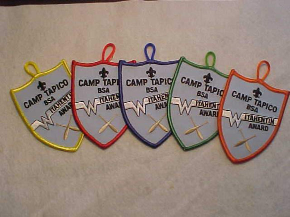TAPICO CAMP PATCHES, TALL PINE C., ITAHENTIN AWARD, SET OF 5 DIFFERENT BDR. COLORS, MINT