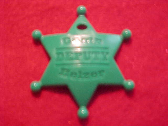 BELZER CAMP DEPUTY BADGE, GREEN PLASTIC, 46MM TALL