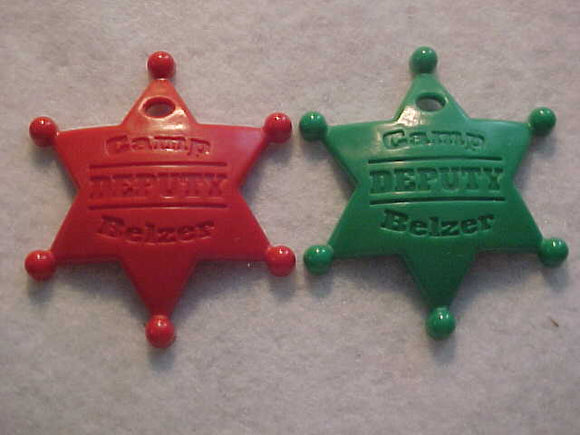 BELZER CAMP DEPUTY BADGES, (SET OF 2) GREEN & RED PLASTIC, 46MM TALL