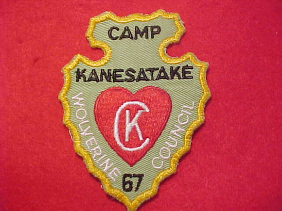 KANESATAKE PATCH, 1967, WOLVERINE COUNCIL, GREEN TWILL, USED
