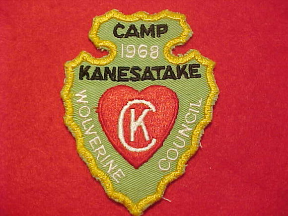 KANESATAKE PATCH, 1968, WOLVERINE COUNCIL, GREEN TWILL, USED