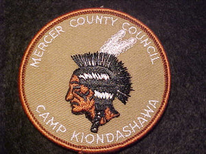 KIONDASHAWA PATCH, 1960'S, MERCER COUNTY COUNCIL, BROWN BDR., 3" ROUND