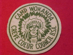 WOKANDA PATCH, 1950'S, 3" ROUND, GREEN LETTERS, CREVE COEUR COUNCIL, FELT, NEAR MINT