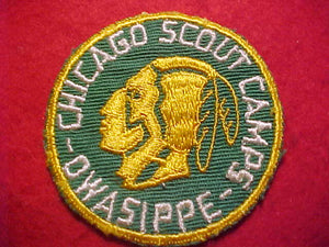 OWASIPPE PATCH, 1940'S, CHICAGO SCOUT CAMPS, 2.5" ROUND, YELLOW CUT EDGE, USED
