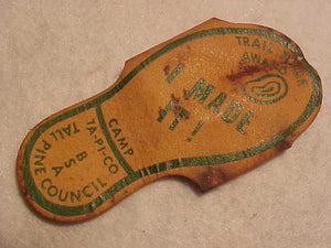 TAPICO N/C SLIDE, TRAIL HIKER AWARD, TALL PINE COUNCIL, 1960'S, SHOE SHAPE, LEATHER, STAINED