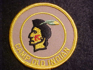 OLD INDIAN CAMP PATCH, 1 FEATHER, FIRST YEAR CAMPER, 3" ROUND, NO FDL, MINT