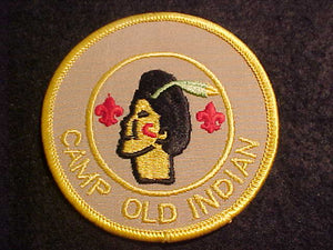 OLD INDIAN CAMP PATCH, 1 FEATHER, FIRST YEAR CAMPER, PB, TAN TWILL, 3" ROUND, 2 THICK FDL'S, MINT