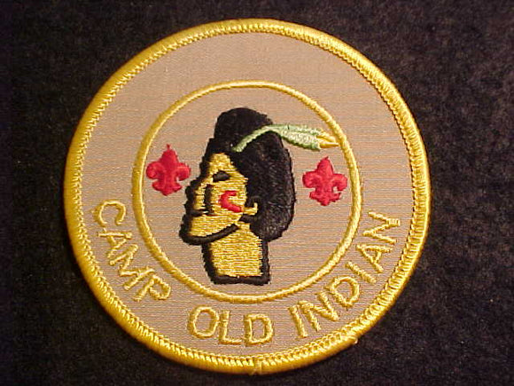 OLD INDIAN CAMP PATCH, 1 FEATHER, FIRST YEAR CAMPER, PB, TAN TWILL, 3