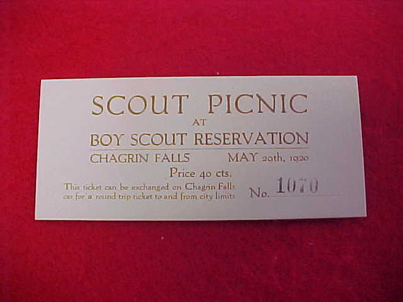 chagrin falls (ohio) scout picnic ticket at boy scout reservation, may 29, 1920