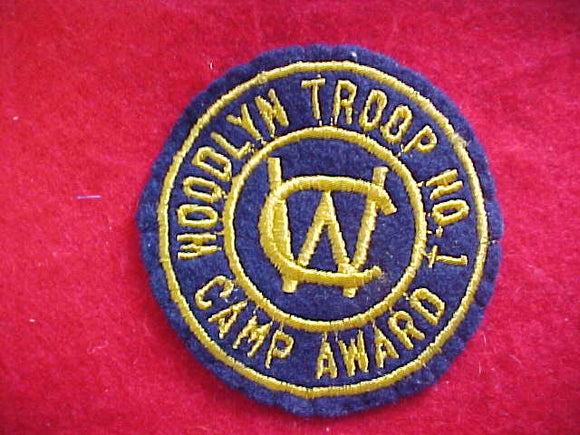 WOODLYN TROOP#1 CAMP AWARD,SLIGHT USE,1930'S-40'S
