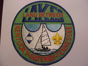 LAND BETWEEN THE LAKES JACKET PATCH, KENTUCKY-GATEWAY-TENNESSEE, 1970'S, 6" ROUND, YELLOW FDL