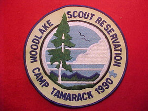 WOODLAKE SCOUT RESERVATION JACKET PATCH, CAMP TAMARACK, 1990, 6" ROUND