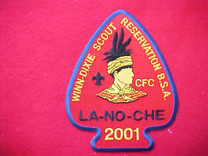 winn-dixie scout reservation, la-no-che, central florida council, 7" arrowhead shape, blue bdr.
