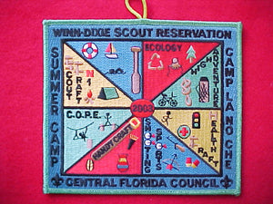 winn-dixie scout reservation, la-no-che, central florida council, 2003, 5x5 1/2" rectangle w/loop, green bdr.