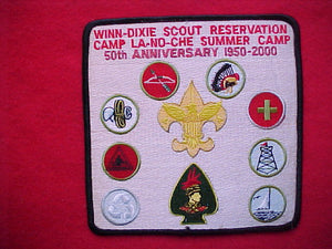 winn-dixie scout reservation, la-no-che summer camp, central florida council, 50th anniv. 1950-2000, 5 1/2" square, black bdr.